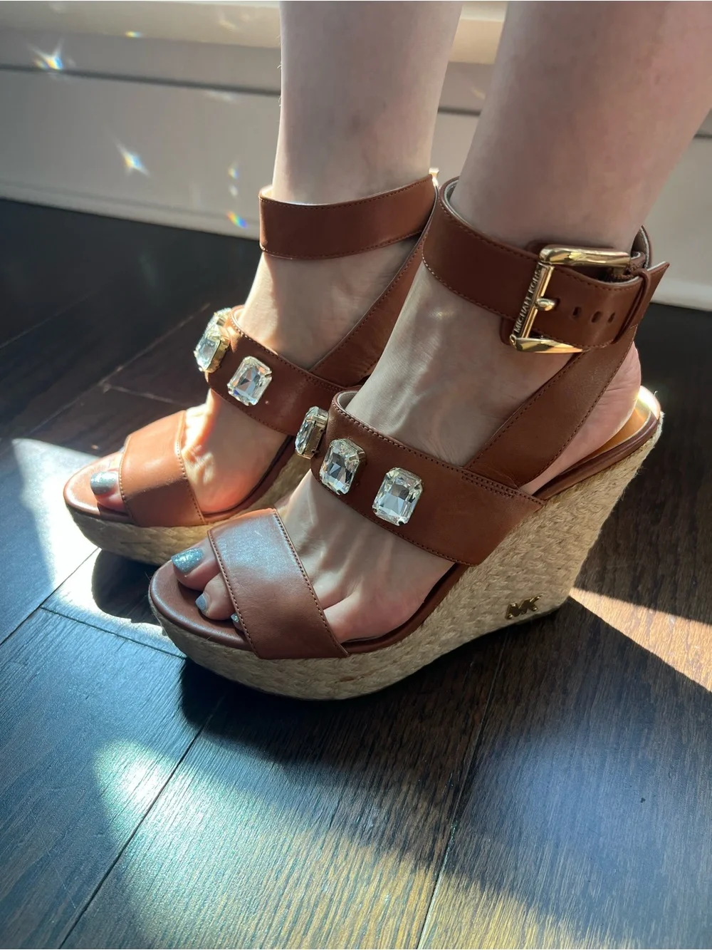 Michael Kors Brown Jeweled Ankle-Strap Wedge Sandals